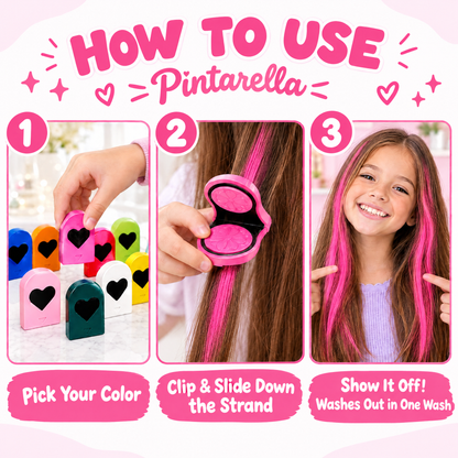 How to use Pintarella hair chalk in 3 steps: pick your color, clip and slide down the strand, show it off