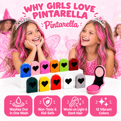 Pintarella hair chalk benefits: washes out in one wash, non-toxic and kid-safe, works on light and dark hair, 12 vibrant colors