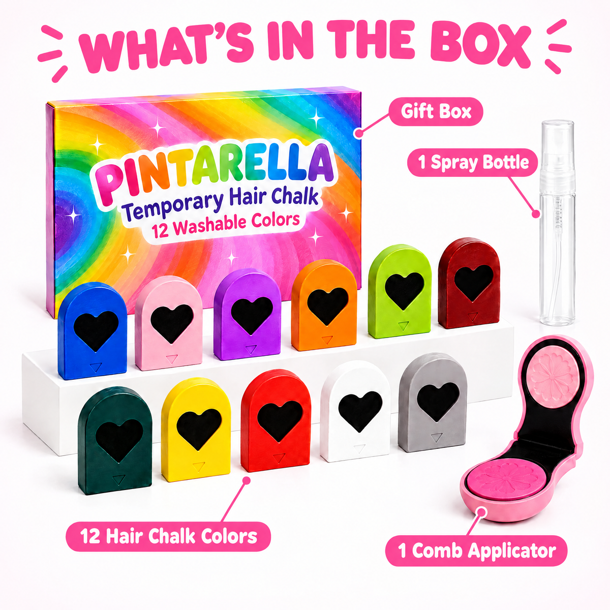 What's in the Pintarella box: 12 hair chalk colors, 1 comb applicator, 1 spray bottle, gift box